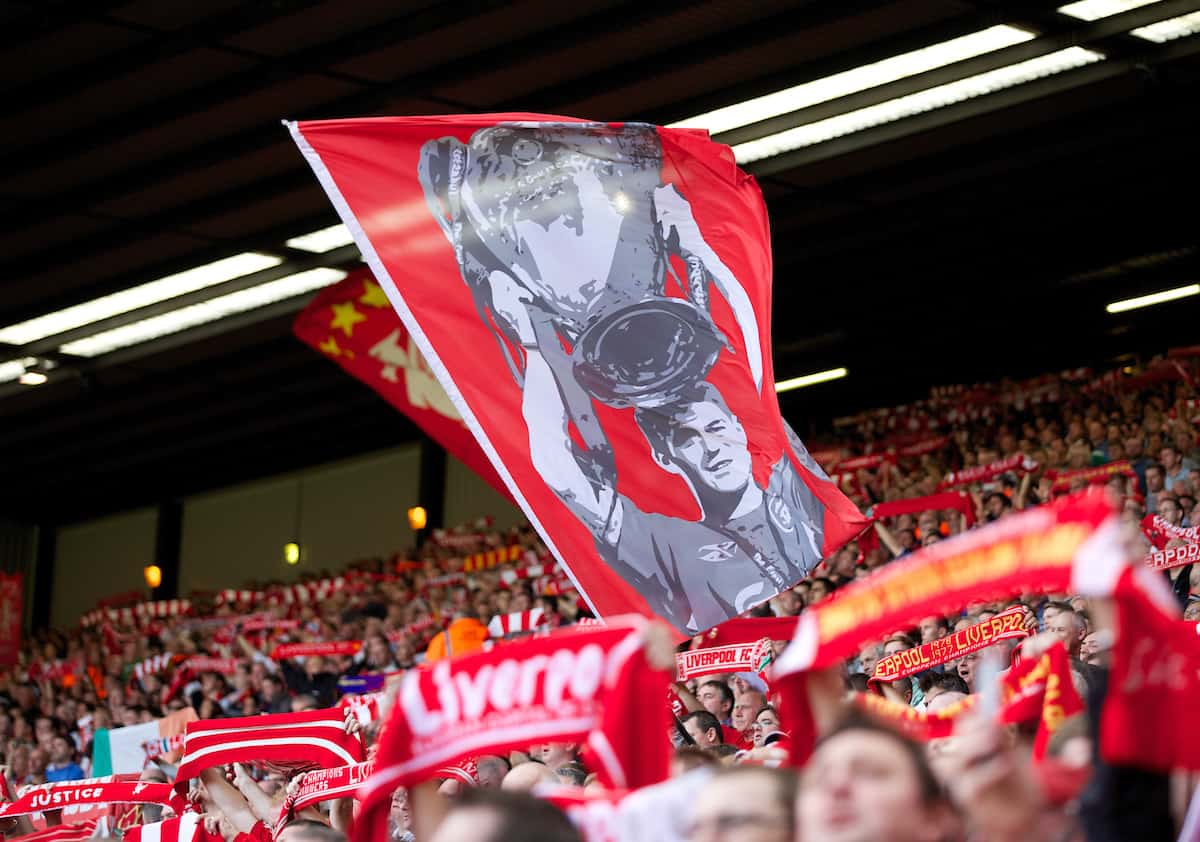 LIVERPOOL, ENGLAND - Saturday, September 21, 2013: Liverpool supporter's flag of captain Steven Gerrard on the Spion Kop during the Premiership match against Southampton at Anfield. (Pic by David Rawcliffe/Propaganda)