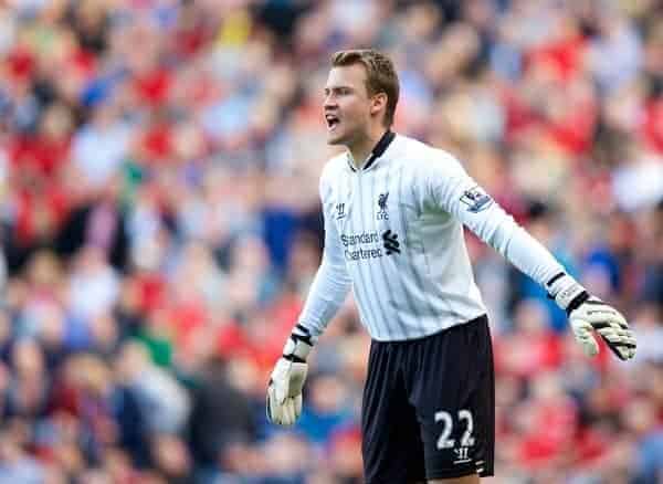 LIVERPOOL, ENGLAND - Saturday, September 21, 2013: Liverpool's goalkeeper Simon Mignolet in action against Southampton during the Premiership match at Anfield. (Pic by David Rawcliffe/Propaganda)