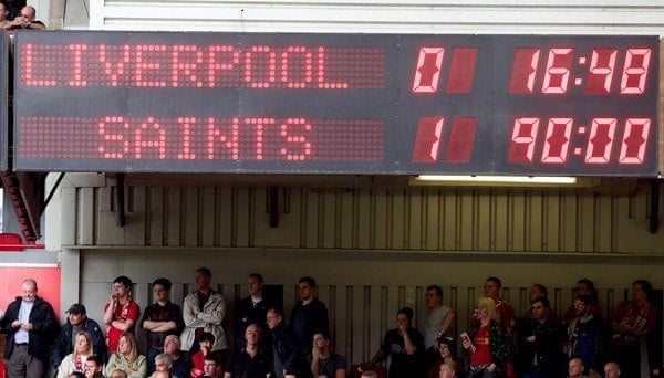 LIVERPOOL, ENGLAND - Saturday, September 21, 2013: The scoreboard records Liverpool's 1-0 defeat by Southampton during the Premiership match at Anfield. (Pic by David Rawcliffe/Propaganda)