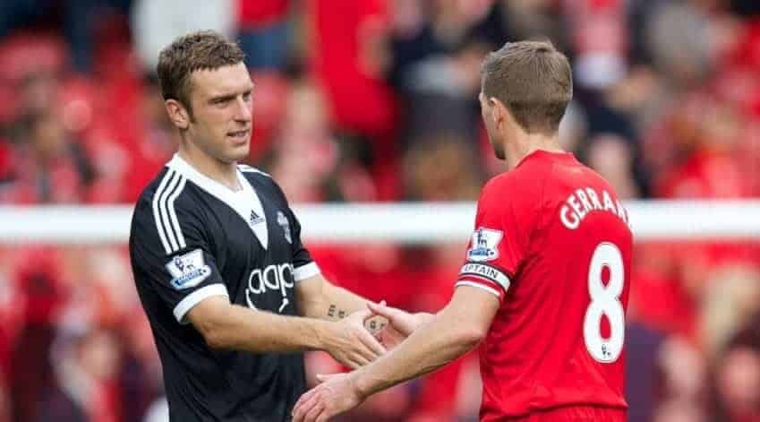 LIVERPOOL, ENGLAND - Saturday, September 21, 2013: Liverpool's captain Steven Gerrard shakes hands with Southampton's Rickie Lambert during the Premiership match at Anfield. (Pic by David Rawcliffe/Propaganda)