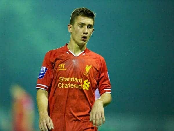 MANCHESTER, ENGLAND - Monday, September 23, 2013: Liverpool's Cameron Brannagan in action against Manchester City during the Under 21 FA Premier League match at Ewen Fields. (Pic by David Rawcliffe/Propaganda)