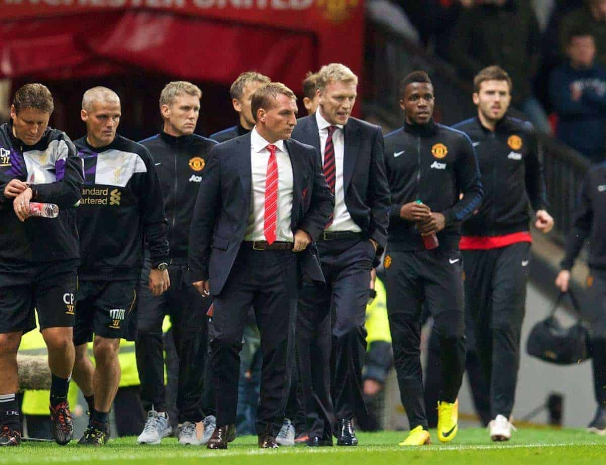 MANCHESTER, ENGLAND - Wednesday, September 25, 2013: Liverpool's manager Brendan Rodgers and Manchester United's David Moyes during the Football League Cup 3rd Round match at Old Trafford. (Pic by David Rawcliffe/Propaganda)