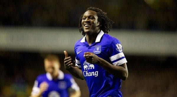 LIVERPOOL, ENGLAND - Monday, September 30, 2013: Everton's Romelu Lukaku celebrates scoring the first goal against Newcastle United during the Premiership at Goodison Park. (Pic by David Rawcliffe/ Propaganda)