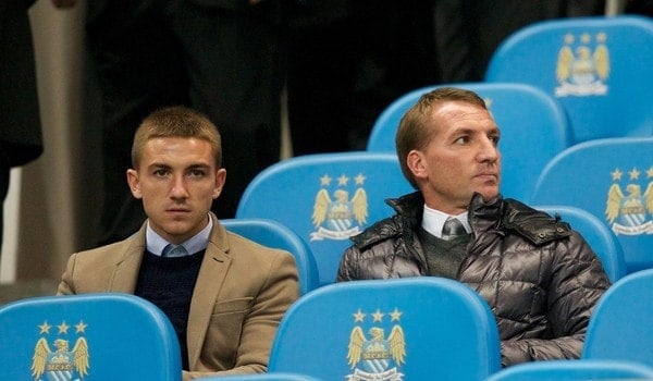 MANCHESTER, ENGLAND - Wednesday, October 2, 2013: Liverpool manager Brendan Rodgers watches Manchester City take on Bayern Munich during the UEFA Champions League Group D match at the City of Manchester Stadium. (Pic by David Rawcliffe/Propaganda)