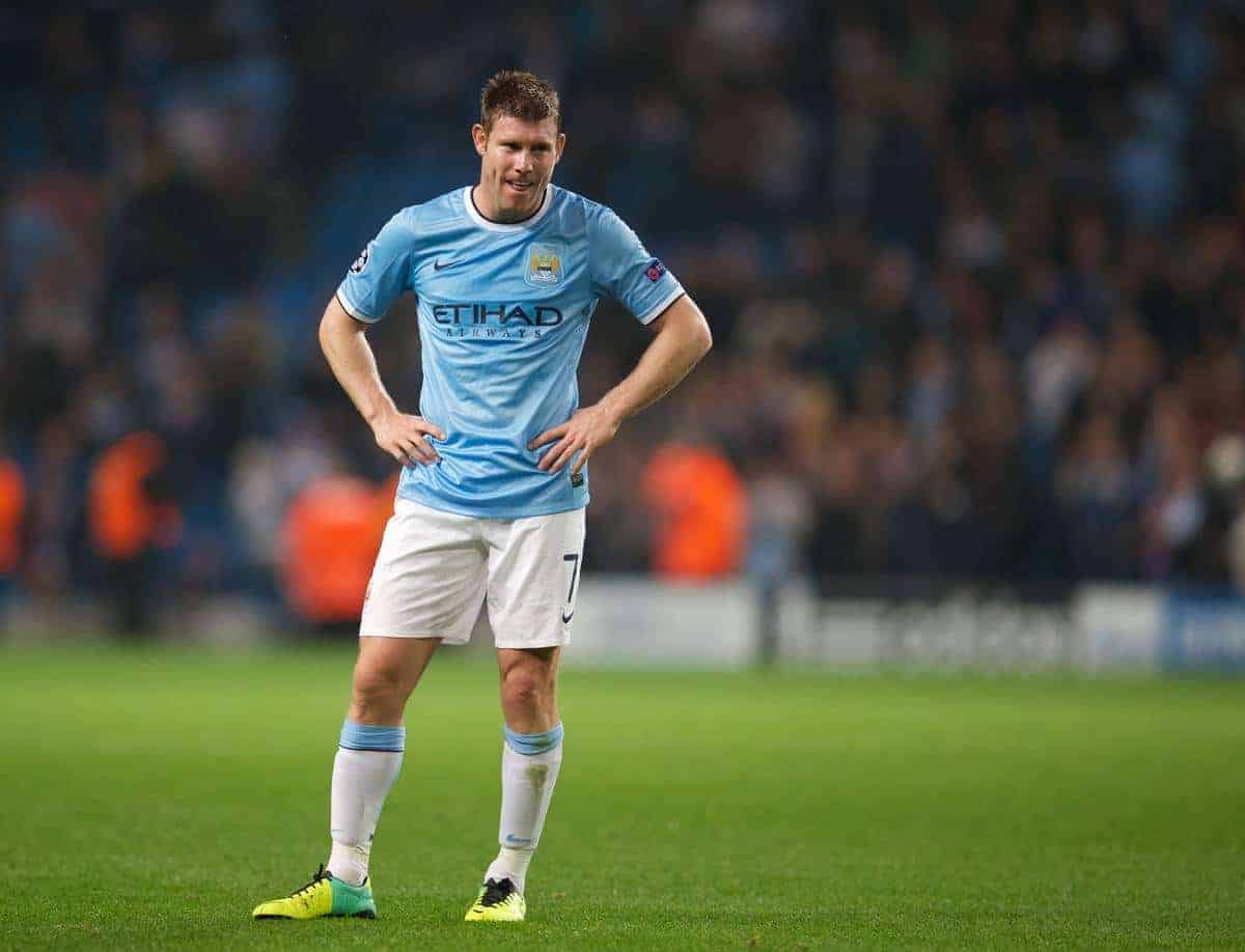 MANCHESTER, ENGLAND - Wednesday, October 2, 2013: Manchester City's James Milner looks dejected as his side lose 3-1 to Bayern Munich during the UEFA Champions League Group D match at the City of Manchester Stadium. (Pic by David Rawcliffe/Propaganda)