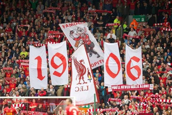 LIVERPOOL, ENGLAND - Saturday, October 5, 2013: Liverpool supporters on the Spion Kop during the game against Crystal Palace in the Premiership match at Anfield. (Pic by David Rawcliffe/Propaganda)