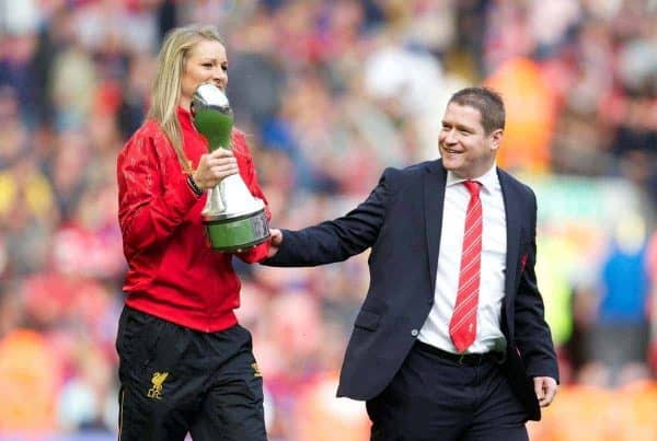 LIVERPOOL, ENGLAND - Saturday, October 5, 2013: Liverpool Ladies captain Gemma Bonner holding the Women's Super League trophy with manager Matt Beard as the team parade around at Anfield. (Pic by David Rawcliffe/Propaganda)