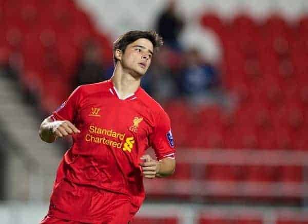 ST HELENS, ENGLAND - Monday, October 7, 2013: Liverpool's Joao Carlos Teixeira celebrates scoring the fifth goal against Tottenham Hotspur during the Under 21 FA Premier League match at Langtree Park. (Pic by David Rawcliffe/Propaganda)