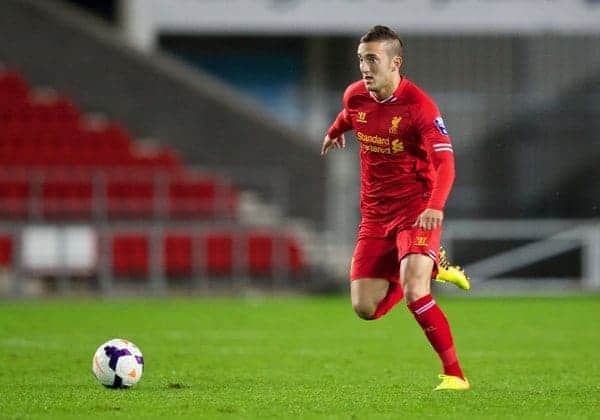 ST HELENS, ENGLAND - Monday, October 7, 2013: Liverpool's Samed Yesil in action against Tottenham Hotspur during the Under 21 FA Premier League match at Langtree Park. (Pic by David Rawcliffe/Propaganda)