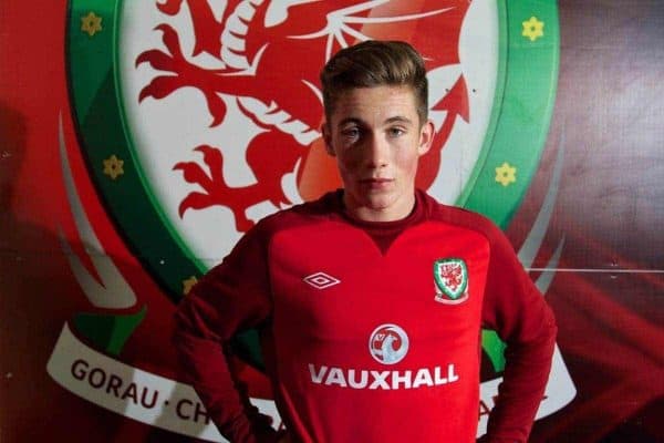 CARDIFF, WALES - Thursday, October 10, 2013: Wales' Harry Wilson poses for a photograph in front of the Wales badge after a training session at the Cardiff City Stadium ahead of the 2014 FIFA World Cup Brazil Qualifying Group A match against Macedonia. (Pic by David Rawcliffe/Propaganda)