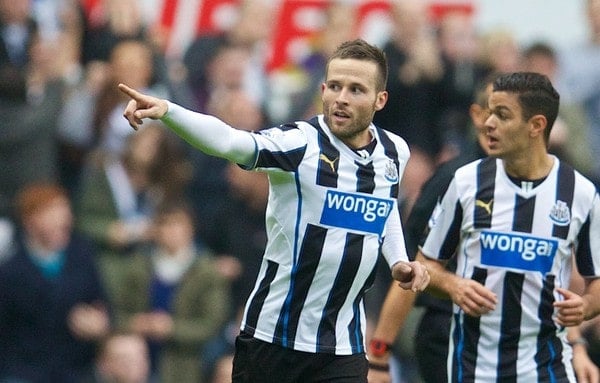 NEWCASTLE-UPON-TYNE, ENGLAND - Saturday, October 19, 2013: Newcastle United's Yohan Cabaye celebrates scoring the first goal against Liverpool during the Premiership match at St. James' Park. (Pic by David Rawcliffe/Propaganda)