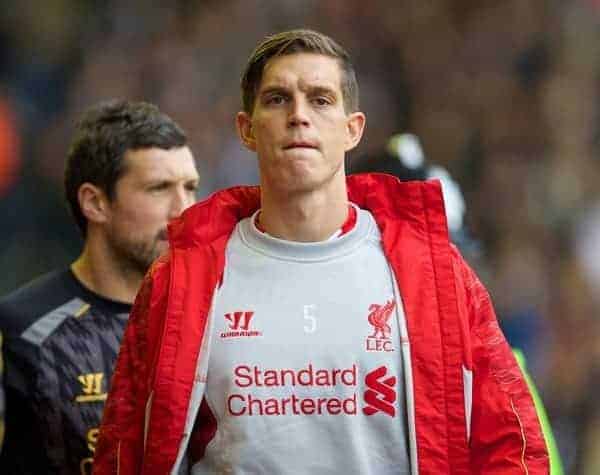 LIVERPOOL, ENGLAND - Saturday, October 26, 2013: Liverpool substitute Daniel Agger against West Bromwich Albion during the Premiership match at Anfield. (Pic by David Rawcliffe/Propaganda)