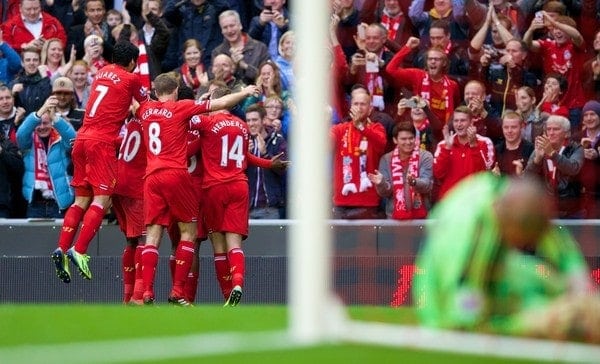 LIVERPOOL, ENGLAND - Saturday, October 26, 2013: Liverpool's Daniel Sturridge celebrates scoring the fourth goal against West Bromwich Albion during the Premiership match at Anfield. (Pic by David Rawcliffe/Propaganda)