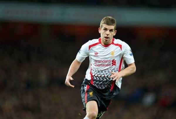 LONDON, ENGLAND - Saturday, November 2, 2013: Liverpool's Jon Flanagan in action against Arsenal during the Premiership match at the Emirates Stadium. (Pic by David Rawcliffe/Propaganda)