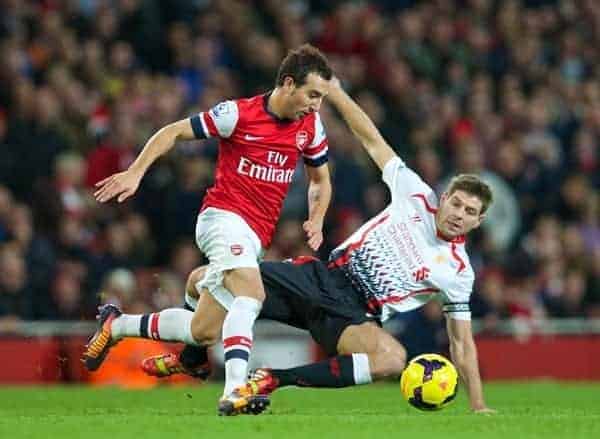 LONDON, ENGLAND - Saturday, November 2, 2013: Arsenal's Santi Cazorla and Liverpool's captain Steven Gerrard during the Premiership match at the Emirates Stadium. (Pic by David Rawcliffe/Propaganda)