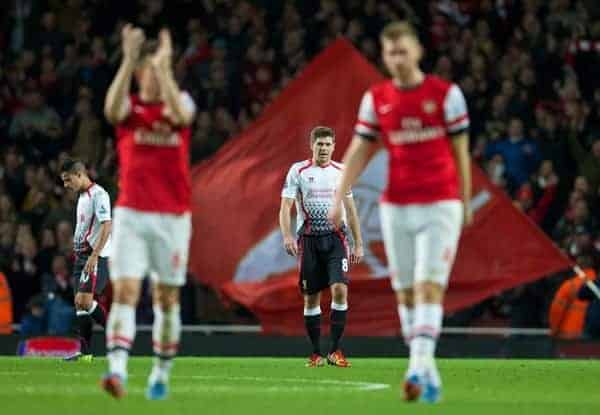 LONDON, ENGLAND - Saturday, November 2, 2013: Liverpool's captain Steven Gerrard looks dejected following his side's 2-0 defeat during the Premiership match at the Emirates Stadium. (Pic by David Rawcliffe/Propaganda)