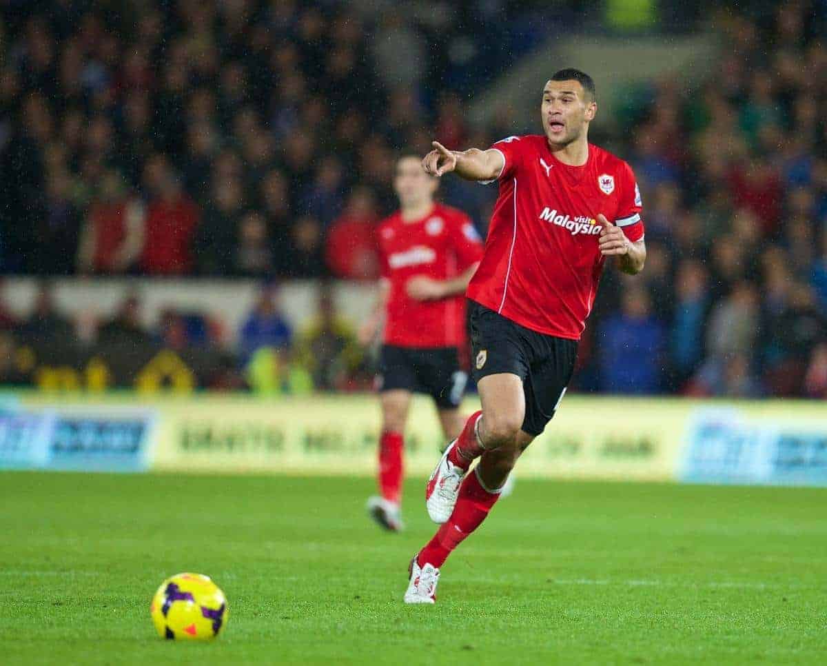 CARDIFF, WALES - Sunday, November 3, 2013: Cardiff City's captain Steven Caulker in action against Swansea City during the Premiership match at the Cardiff City Stadium. (Pic by David Rawcliffe/Propaganda)