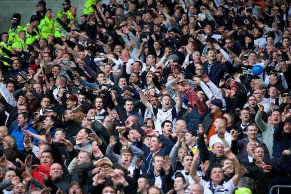 CARDIFF, WALES - Sunday, November 3, 2013: Swansea City supporters sing 'Swim Away' before the Premiership match against Cardiff City at the Cardiff City Stadium. (Pic by David Rawcliffe/Propaganda)