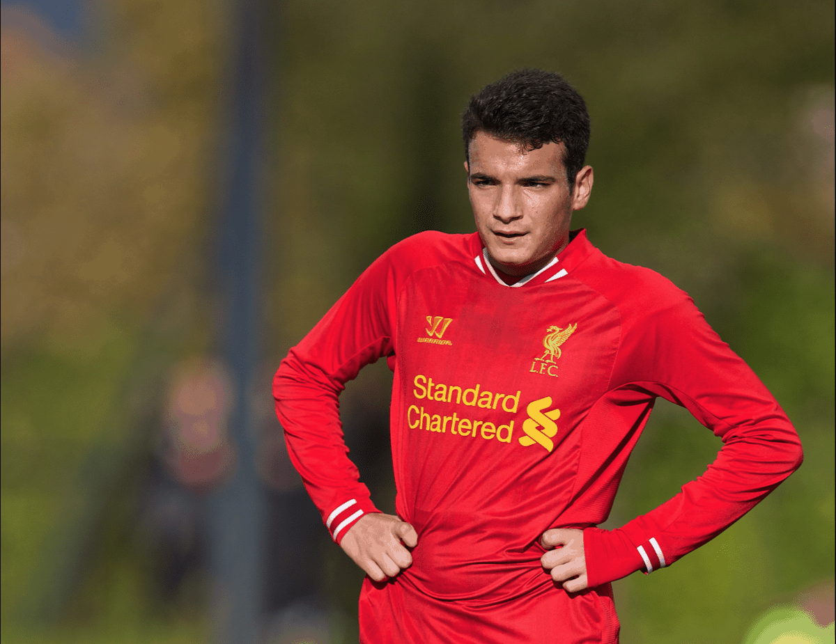 LIVERPOOL, ENGLAND - Saturday, November 9, 2013: Liverpool's Pedro Chirivella in action against Stoke City during the Premier League Academy match at the Kirkby Academy. (Pic by David Rawcliffe/Propaganda)