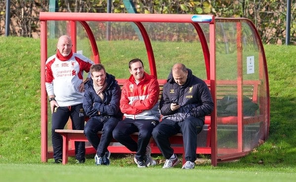 LIVERPOOL, ENGLAND - Saturday, November 9, 2013: Liverpool's director of academy and player development Frank McParland, Phil Roscoe and reserve team head coach Rodolfo Borrell during the Premier League Academy match at the Kirkby Academy. (Pic by David Rawcliffe/Propaganda)