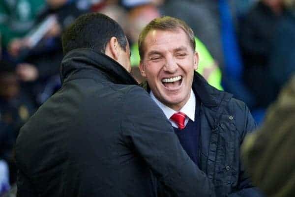 LIVERPOOL, ENGLAND - Saturday, November 23, 2013: Liverpool's manager Brendan Rodgers and Everton's manager Roberto Martinez before the 221st Merseyside Derby Premiership match between Everton and Liverpool at Goodison Park. (Pic by David Rawcliffe/Propaganda)