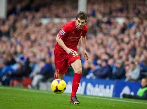 LIVERPOOL, ENGLAND - Saturday, November 23, 2013: Liverpool's Jon Flanagan in action against Everton during the 221st Merseyside Derby Premiership match at Goodison Park. (Pic by David Rawcliffe/Propaganda)