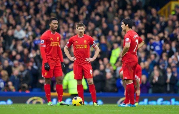 LIVERPOOL, ENGLAND - Saturday, November 23, 2013: Liverpool's Daniel Sturridge, captain Steven Gerrard and Luis Suarez looks dejected after Everton's third goal during the 221st Merseyside Derby Premiership match at Goodison Park. (Pic by David Rawcliffe/Propaganda)