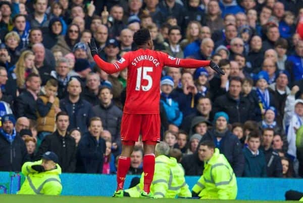 LIVERPOOL, ENGLAND - Saturday, November 23, 2013: Liverpool's Daniel Sturridge celebrates scoring the third goal against Everton to level the scores at 3-3 during the 221st Merseyside Derby Premiership match at Goodison Park. (Pic by David Rawcliffe/Propaganda)