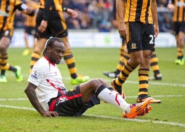 HULL, ENGLAND - Sunday, December 1, 2013: Liverpool's Victor Moses wearing red underpants in action against Hull City during the Premiership match at the KC Stadium. (Pic by David Rawcliffe/Propaganda)