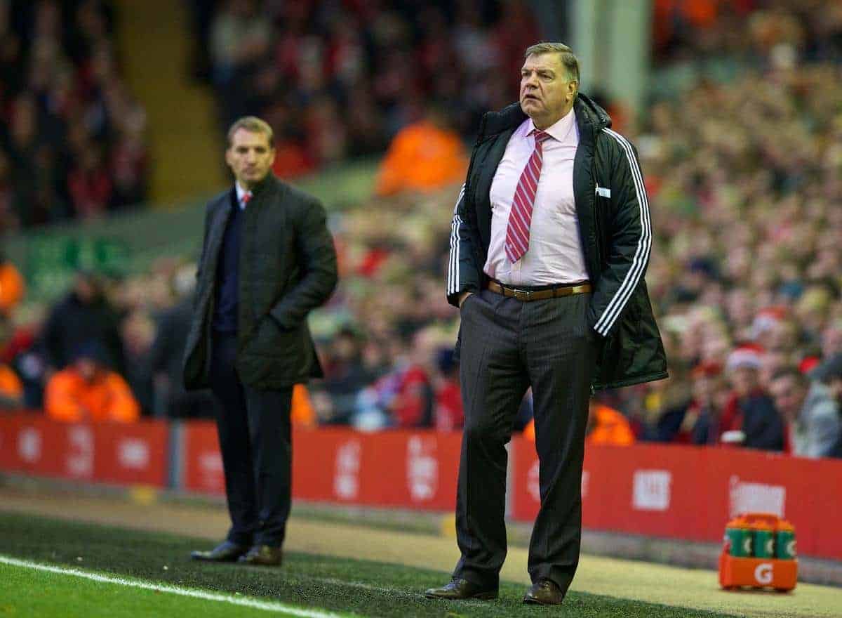 LIVERPOOL, ENGLAND - Saturday, December 7, 2013: West Ham United's manager Sam Allardyce during the Premiership match against Liverpool at Anfield. (Pic by David Rawcliffe/Propaganda)