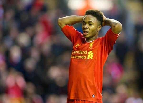 LIVERPOOL, ENGLAND - Saturday, December 7, 2013: Liverpool's Raheem Sterling looks dejected after missing a chance against West Ham United during the Premiership match at Anfield. (Pic by David Rawcliffe/Propaganda)