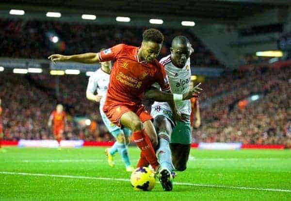 LIVERPOOL, ENGLAND - Saturday, December 7, 2013: Liverpool's Raheem Sterling in action against West Ham United during the Premiership match at Anfield. (Pic by David Rawcliffe/Propaganda)