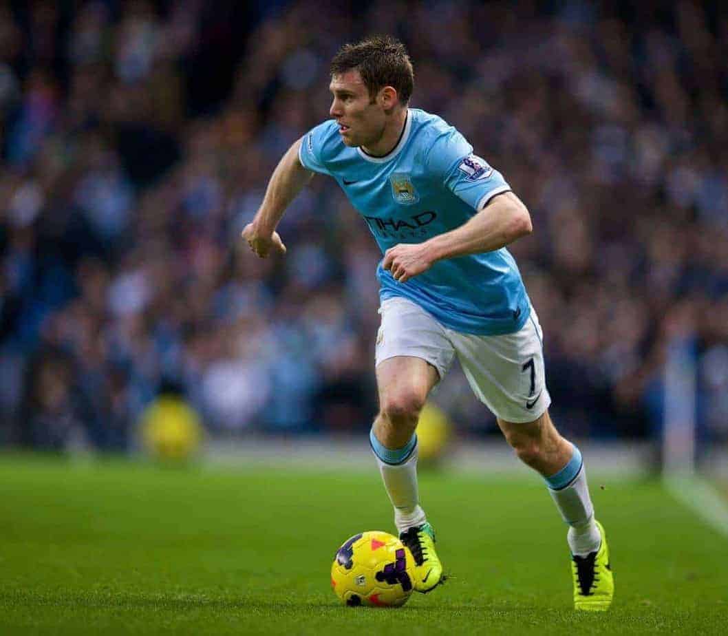 MANCHESTER, ENGLAND - Saturday, December 14, 2013: Manchester City's James Milner in action against Arsenal during the Premiership match at the City of Manchester Stadium. (Pic by David Rawcliffe/Propaganda)