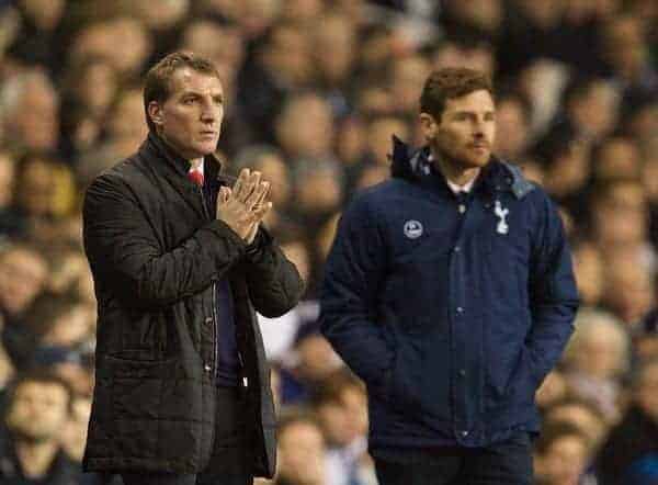 LONDON, ENGLAND - Sunday, December 15, 2013: Liverpool's manager Brendan Rodgers and Tottenham Hotspur's manager Andre Villas-Boas  during the Premiership match at White Hart Lane. (Pic by David Rawcliffe/Propaganda)