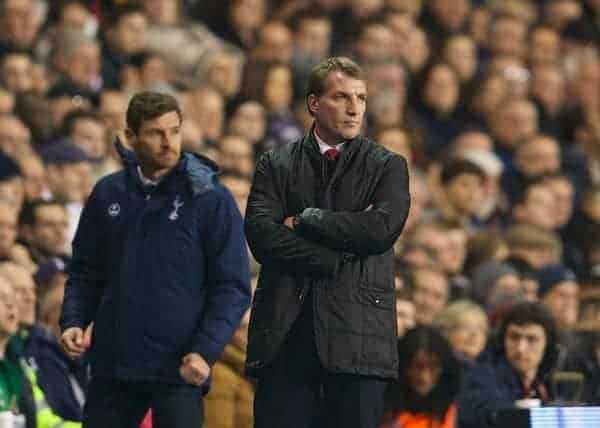 LONDON, ENGLAND - Sunday, December 15, 2013: Liverpool's manager Brendan Rodgers and Tottenham Hotspur's Andre Villas-Boas  during the Premiership match at White Hart Lane. (Pic by David Rawcliffe/Propaganda)