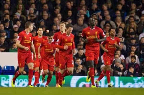 LONDON, ENGLAND - Sunday, December 15, 2013: Liverpool's captain Luis Suarez celebrates scoring the first goal against Tottenham Hotspur during the Premiership match at White Hart Lane. (Pic by David Rawcliffe/Propaganda)