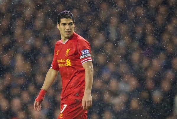 LONDON, ENGLAND - Sunday, December 15, 2013: Liverpool's captain Luis Suarez in action against Tottenham Hotspur during the Premiership match at White Hart Lane. (Pic by David Rawcliffe/Propaganda)