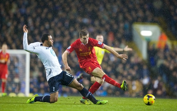 LONDON, ENGLAND - Sunday, December 15, 2013: Liverpool's Jordan Henderson in action against Tottenham Hotspur's Mossa Dembele during the Premiership match at White Hart Lane. (Pic by David Rawcliffe/Propaganda)