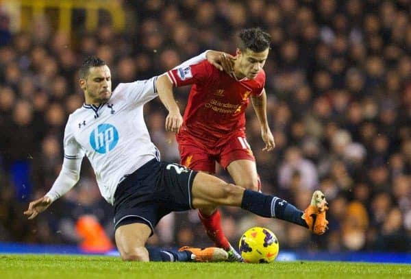 LONDON, ENGLAND - Sunday, December 15, 2013: Liverpool's Philippe Coutinho Correia in action against Tottenham Hotspur's Nacer Chadli during the Premiership match at White Hart Lane. (Pic by David Rawcliffe/Propaganda)