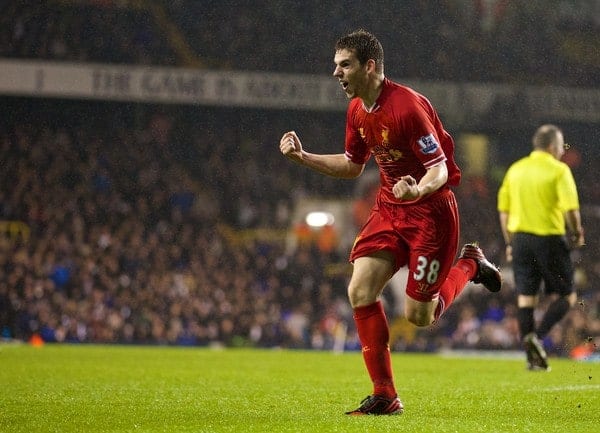 LONDON, ENGLAND - Sunday, December 15, 2013: Liverpool's Jon Flanagan celebrates scoring the third goal against Tottenham Hotspur during the Premiership match at White Hart Lane. (Pic by David Rawcliffe/Propaganda)