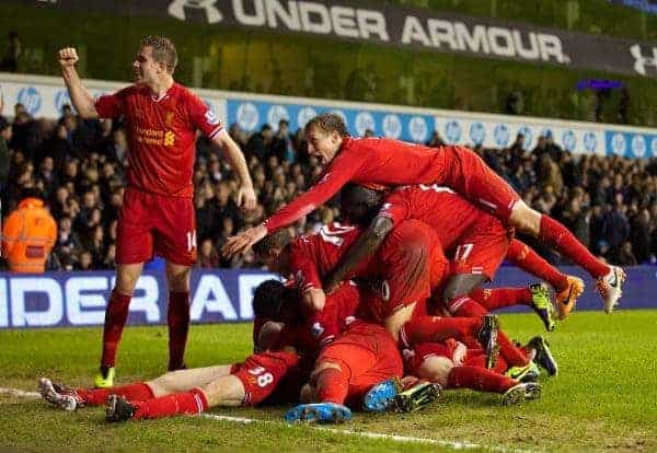 LONDON, ENGLAND - Sunday, December 15, 2013: Liverpool's Jon Flanagan celebrates scoring the third goal against Tottenham Hotspur with team-mate Jordan Henderson, Lucas Leiva during the Premiership match at White Hart Lane. (Pic by David Rawcliffe/Propaganda)