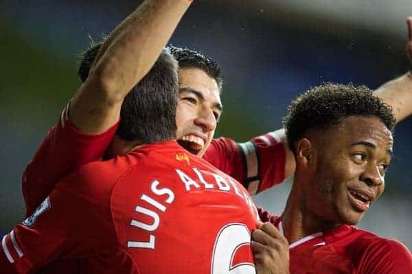 LONDON, ENGLAND - Sunday, December 15, 2013: Liverpool's Luis Suarez celebrates scoring the fourth goal against Tottenham Hotspur during the Premiership match at White Hart Lane. (Pic by David Rawcliffe/Propaganda)