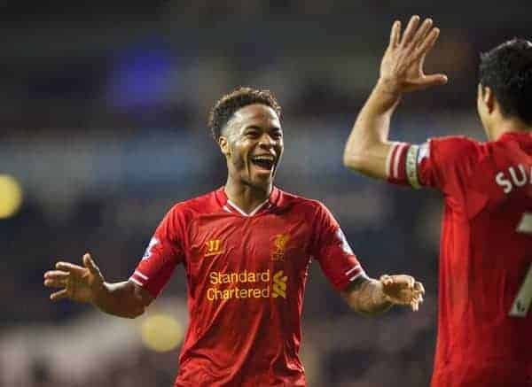 LONDON, ENGLAND - Sunday, December 15, 2013: Liverpool's Raheem Sterling celebrates scoring the fifth goal against Tottenham Hotspur during the Premiership match at White Hart Lane. (Pic by David Rawcliffe/Propaganda)