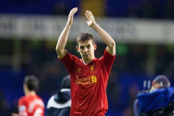 LONDON, ENGLAND - Sunday, December 15, 2013: Liverpool's Jon Flanagan applauds the travelling supporters after his first goal for the club helped seal a 5-0 victory over Tottenham Hotspur during the Premiership match at White Hart Lane. (Pic by David Rawcliffe/Propaganda)