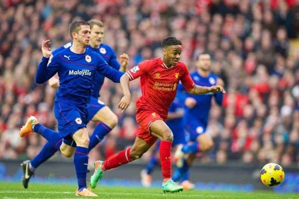 LIVERPOOL, ENGLAND - Saturday, December 21, 2013: Liverpool's Raheem Sterling in action against Cardiff City during the Premiership match at Anfield. (Pic by David Rawcliffe/Propaganda)