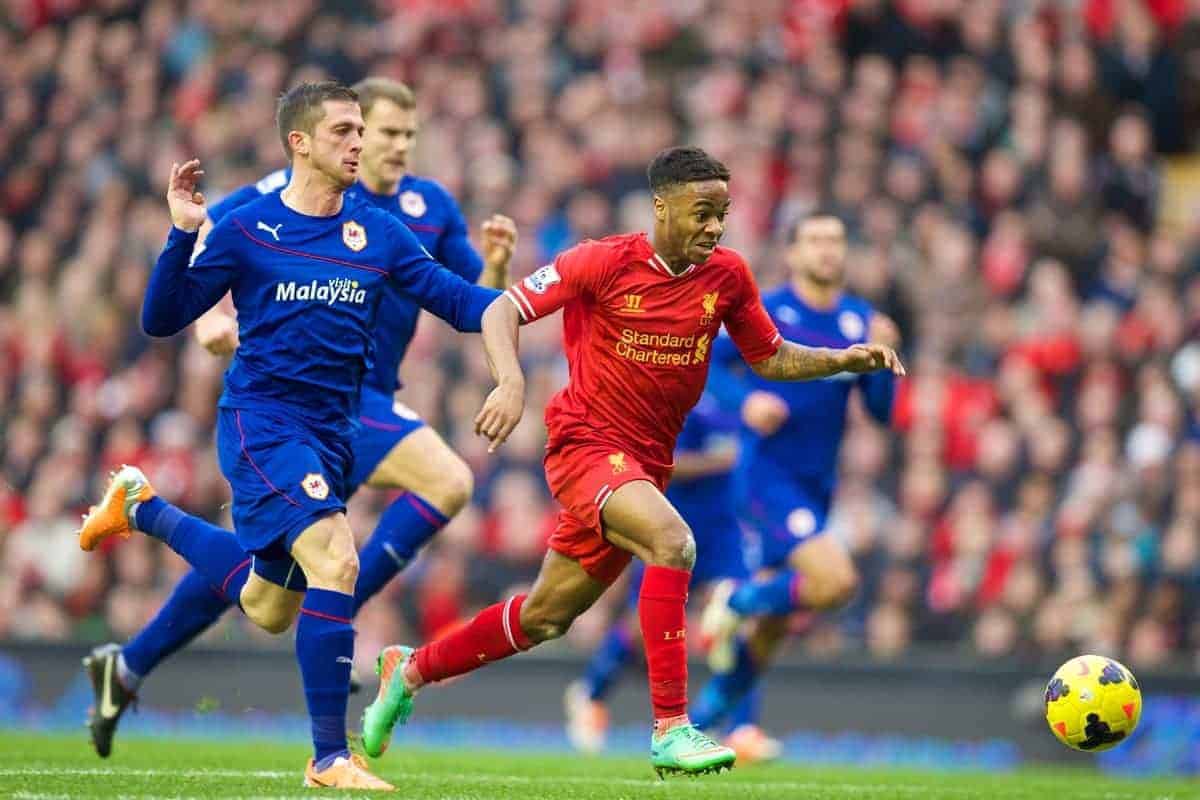 LIVERPOOL, ENGLAND - Saturday, December 21, 2013: Liverpool's Raheem Sterling in action against Cardiff City during the Premiership match at Anfield. (Pic by David Rawcliffe/Propaganda)