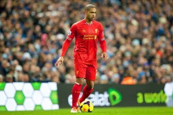 MANCHESTER, ENGLAND - Boxing Day Thursday, December 26, 2013: Liverpool's Glen Johnson in action against Manchester City during the Premiership match at the City of Manchester Stadium. (Pic by David Rawcliffe/Propaganda)