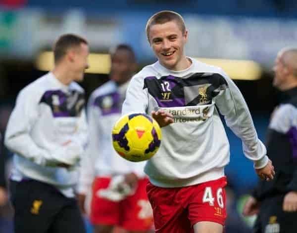 LONDON, ENGLAND - Sunday, December 29, 2013: Liverpool's Jordan Rossiter warms-up before the Premiership match against Chelsea at Stamford Bridge. (Pic by David Rawcliffe/Propaganda)