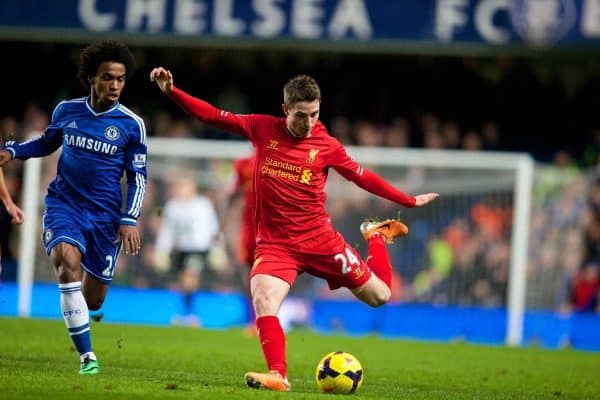 LONDON, ENGLAND - Sunday, December 29, 2013: Liverpool's Joe Allen in action against Chelsea during the Premiership match at Stamford Bridge. (Pic by David Rawcliffe/Propaganda)