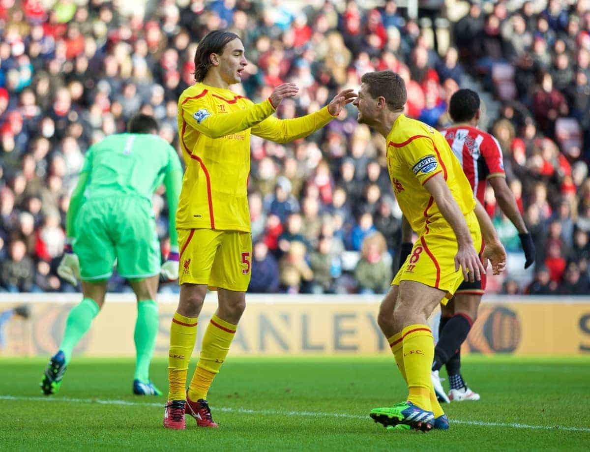 SUNDERLAND, ENGLAND - Saturday, January 10, 2015: Liverpool's Lazar Markovic celebrates scoring the only goal of the game against Sunderland with team-mate captain Steven Gerrard during the Premier League match at the Stadium of Light. (Pic by David Rawcliffe/Propaganda)